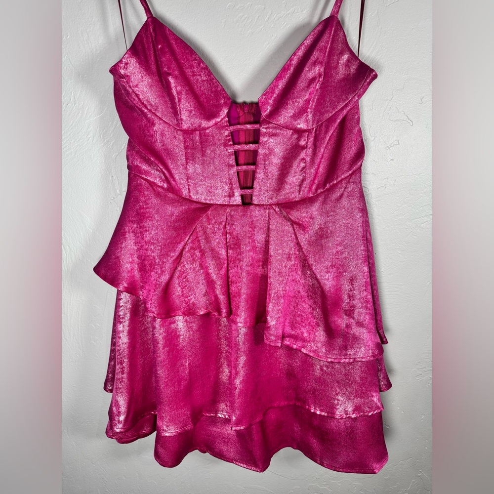Double Crazy Hot Pink Metallic Tiered Barbiecore Party‎ Dress Size Large